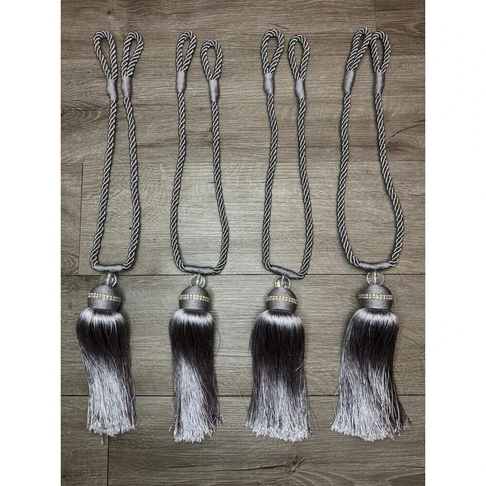 Set of 4 Gray Silver Curtain Tiebacks Tassel Rope Holdbacks
